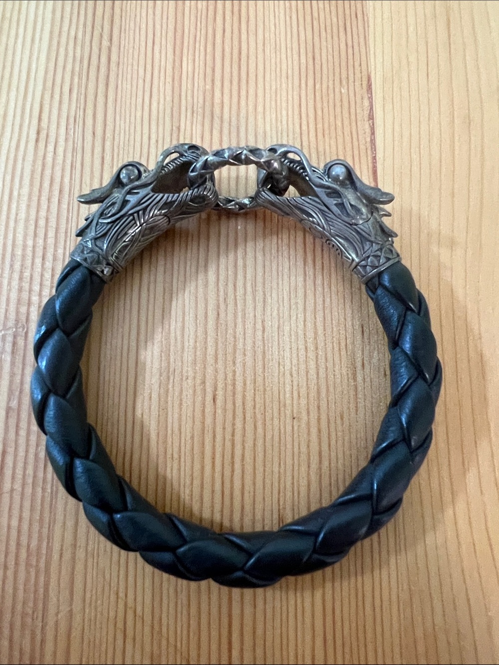 John Hardy Double Headed Dragon Bracelet, black leather with silver